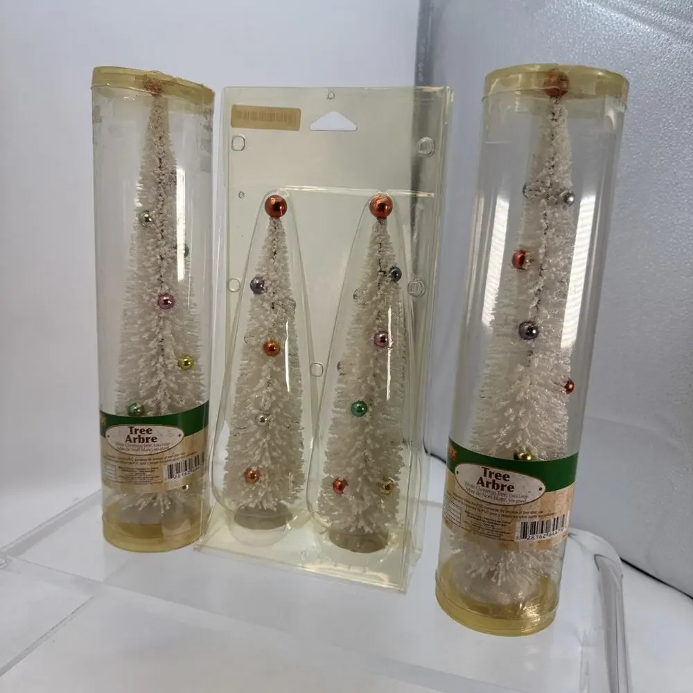 4 Lemax White Christmas Village Trees Set With Ornaments Bottle Brush In Box